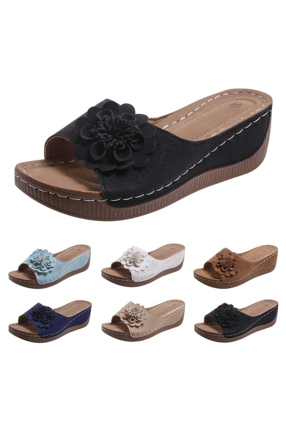Womens Wedge Sandals 2026 Summer Flower Dressy Flat Open Toe Platform Shoes Casual Boho Slip on Beach Walking Sandals with Arch Support for Women Comfortable Wide Width