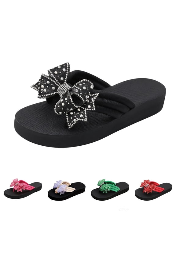Womens Wedge Sandals Bow Flip Flops Rhinestone Thong Open Toe Summer Beach Platform Boho Cute Casual Shoes Fancy Flip Flops for Women Easter Sandals
