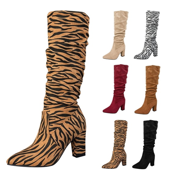 RotHome Womens Wide Calf Knee High Boots Cowgirl Style Pointed Toe Slouchy Suede Chunky Heel Zipper Fashion Tall Boots for Women Dress Boots Stacked Heel