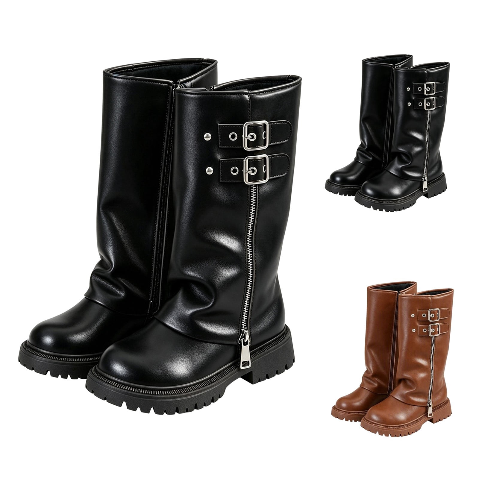 RotHome Youth Fashion Knee High Boots with Twin Belt Details and Anti ...