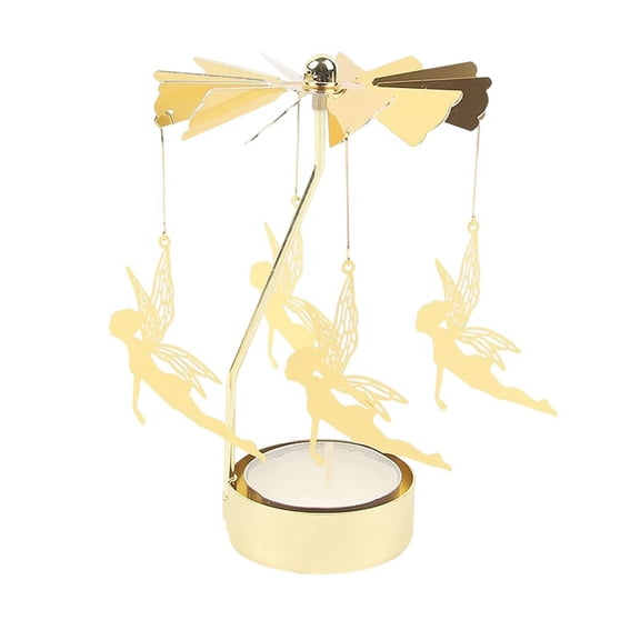 Rotary Carousel Tea Light Candle Holder Golden Metal Rotating Candlestick with Little Fairy Design Romantic Spinning Candle Stand for Christmas Holiday