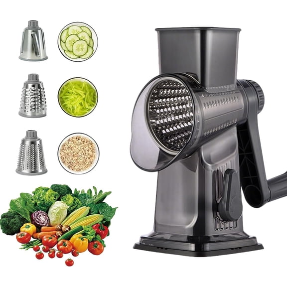 Rotary Cheese Grater, 3-in-1 Manual Vegetable Slicer with Handle, Kitchen Mandoline Shredder with Suction Base for Cheese, Nuts, Potatoes & Salads - Easy to Clean (Black)