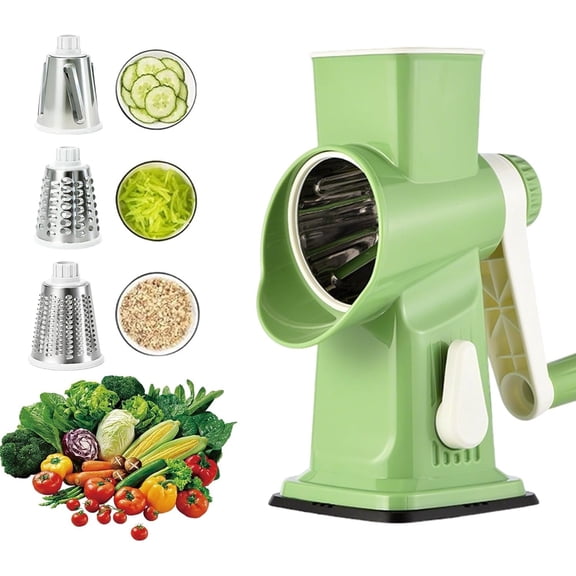 Rotary Cheese Grater, 3-in-1 Manual Vegetable Slicer with Handle, Kitchen Mandoline Shredder with Suction Base for Cheese, Nuts, Potatoes & Salads - Easy to Clean (Green)