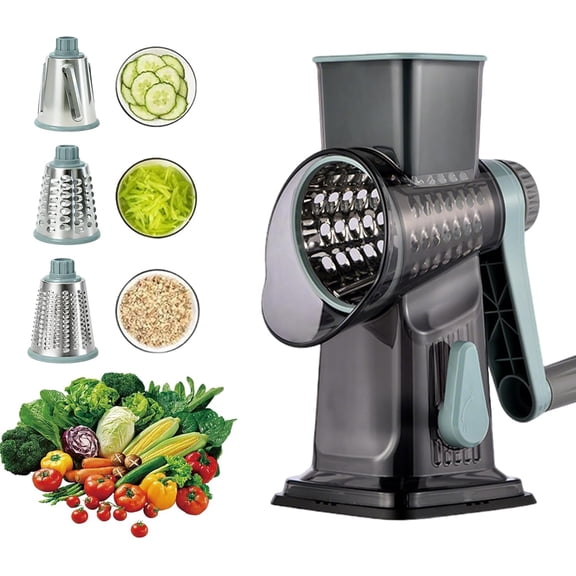 Rotary Cheese Grater, 3-in-1 Manual Vegetable Slicer with Handle, Kitchen Shredder with Suction Base for Cheese, Nuts, Potatoes, Salads  Easy to Clean