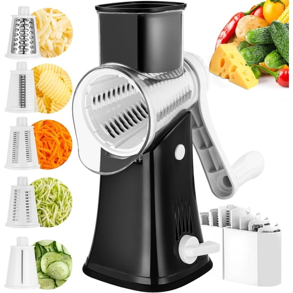 Rotary Cheese Grater, 5 in 1 Cheese Grater with Handle, Replaceable Stainless Blades Cheese Shredder, Cheese Vegetable Slicer, Easy to Clean Kitchen Gadgets with Storage Box