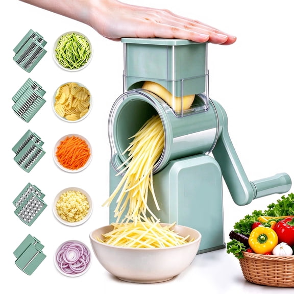 Rotary Cheese Grater with 5 Interchangeable Blades, Mandoline Slicer & Vegetable Grater Hand Crank for Kitchen, Non-slip Suction Base, Cheese Shredder, Green