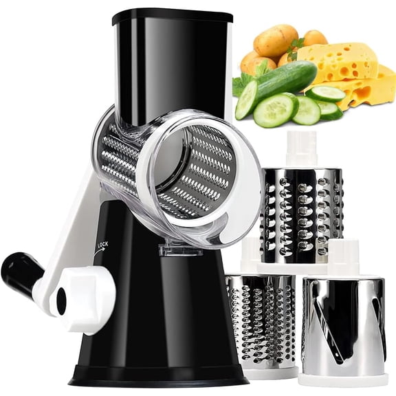 Rotary Cheese Grater Hand Crank Black - Shredder Slicer Grinder 3 Stainless Steel Blades, Stable Suction, Labor-Saving Handle, Safe Kitchen Tool for Cheese, Vegetable, Nuts, Chocolate