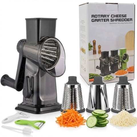 Rotary Cheese Grater with Hand Crank, Cheese Shredder with 3 Stainless Steel Blades for Cheese, Vegetables & Nuts, Non-Slip Suction Base, Easy & Effortless Grating