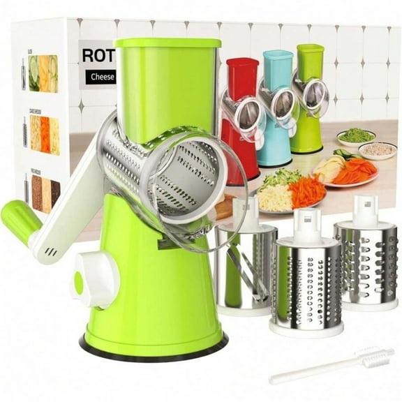 Rotary Cheese Grater Hand Crank Cheese Shredder For Fresh Cheese, Vegetable, Nuts,Non-Slip Suction Base, Free Cleaning Brush Three Blades