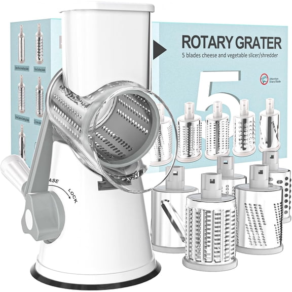 Rotary Cheese Grater Hand Crank Cheese Shredder for Fresh Cheese, Vegetable, Nuts,Non-slip Suction Base, Free Cleaning Brush Three Blades, Black
