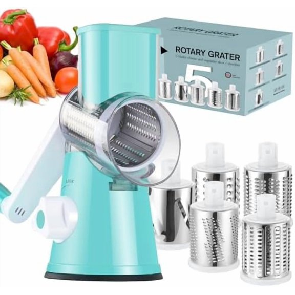 Rotary Cheese Grater Hand Crank, Kitchen Shredder Speed Mandolin Slicer Ice Shaver with Handle and Drum Blades for Cheese, Vegetable, Nuts, Chocolate, Potato, Carrot, 5 Blades, Blue