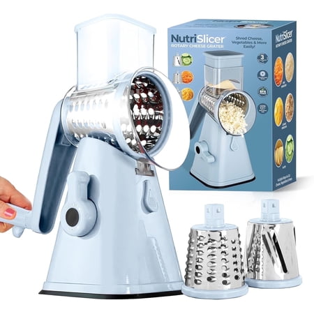 Emson Rotary Cheese Grater with Handle Hand Crank, Cheese Shredder with 3 Blades, Cheese Graters for Kitchen, Vegetable Shredder, Rotary Grater with Suction Cup Base, Dishwasher Safe, Blue
