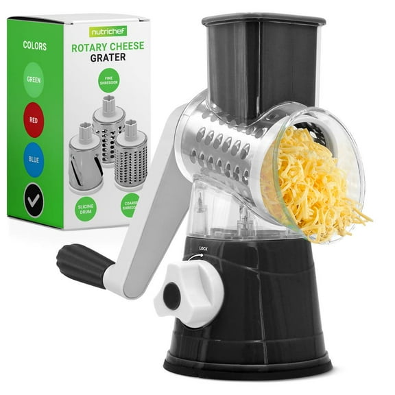 Rotary Cheese Grater with Handle and 3 Replaceable Drum Blades - Cheese Shredder and Vegetable Slicer with Storage Box and Strong Suction Base (Black)