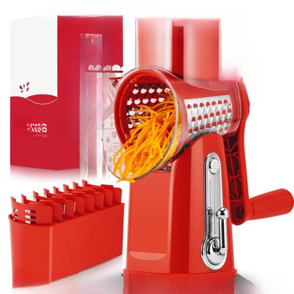 Rotary Cheese Grater with Handle, 5 Well-Designed Blades Food Shredder, Strong Suction Base Round Mandoline Slicer, Kitchen Vegetable Grater with Bonus Blade Storage Box