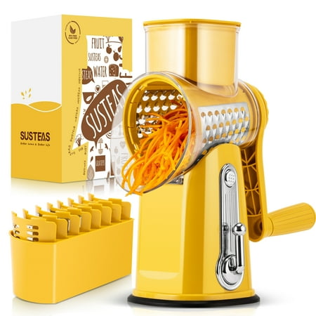 Rotary Cheese Grater with Handle - Food Shredder with 5 Well-designed Blades & Strong Suction Base,Round Mandoline Slicer & Vegetable Grater for Kitchen,1 Bonus Blade Storage Box(Yellow)