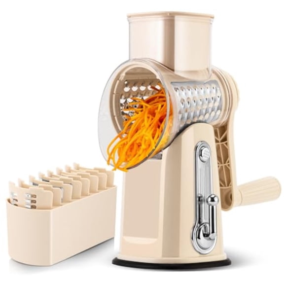 Rotary Cheese Grater with Handle - Vegetable Shredder with 5 Well-designed Blades and Strong Suction BaseRound Mandoline Slicer and Food Chopper for Kitchen with Blade Storage Box Beige