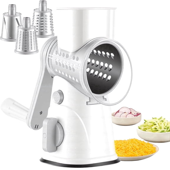 Rotary Cheese Grater, Hand Crank Shredder with 3 Interchangeable Blades, Vegetable Slicer for Fruit, Nuts, Suction Base