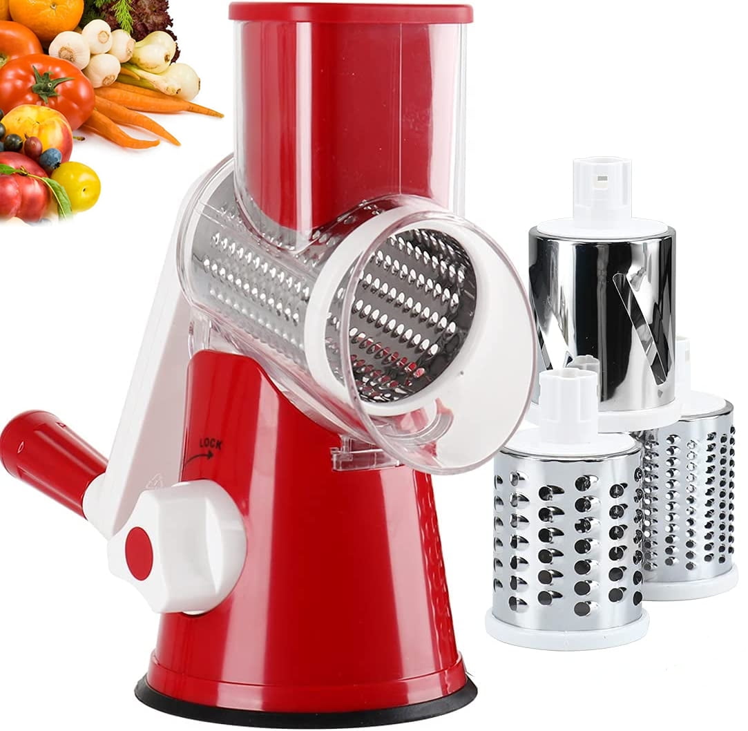 Tevokon Cheese Grater Cheese Shredder 3 Blades Rotary Cheese Grater Manual  Food Slicer & Vegetable Shredder & Nuts Grinder with Nonslip Suction Base