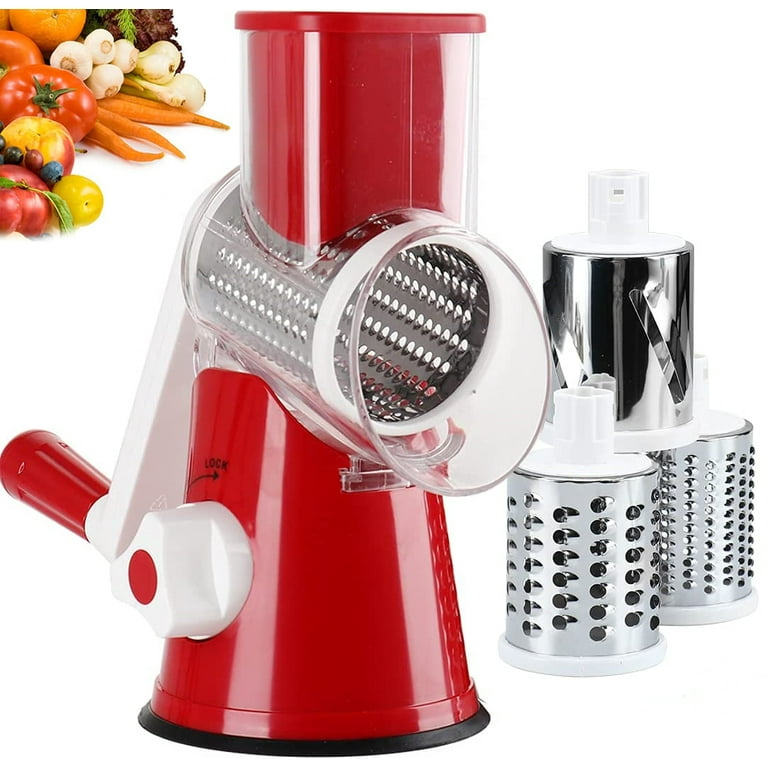 Tevokon Manual Rotary Cheese Grater Round Mandoline 3 Drum Blades Vegetable  Slicer with Non-slip Base Cheese Shredder Walnuts Grinder with Cleaning  Brush Vegetarian Peeler Red - Yahoo Shopping