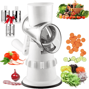 Rotary Cheese Grater, Kitchen Mandoline Vegetable Slicer with 3 Interchangeable Blades, Easy to Clean Grater for Fruit, Vegetables, Nuts-White