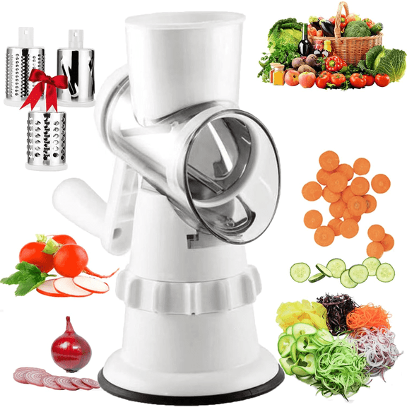 Rotary Cheese Grater, Kitchen Mandoline Vegetable Slicer with 3 Interchangeable Blades, Easy to Clean Grater for Fruit, Vegetables, Nuts-White