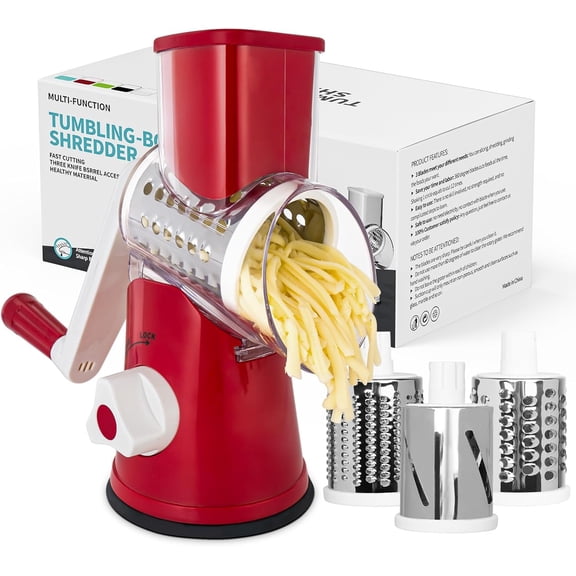Rotary Cheese Grater for Kitchen, Shredder with 3 Interchangeable Blades, Rotary Grater with Handle and Strong Suction Base, for Vegetables, Fruit, Nuts, Easy to Use and Clean, Red