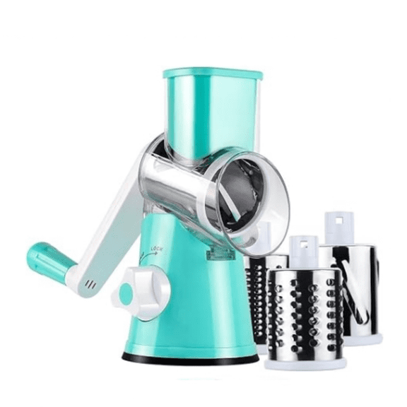 Rotary Cheese Grater Manual Kitchen Shredder, Vegetable Slicer Food Grinder with 3 Interchangeable Blades for Nuts, Potato, Carrot, Garlic, Walnut (Blue)