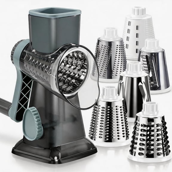 Rotary Cheese Grater Pro 6 in 1 - Shredder Crinkle Slicer Ice , Suction, Time-saving Easy Use & Clean, Safe Morden Kitchen Tool for Cheese, Vegetable, Nuts,