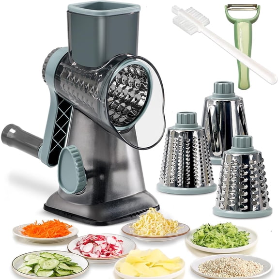 Rotary Cheese Grater Shredder with Handle Handheld Round Mandoline Vegetable Slicer Carrot Shredder Nut with 3 Replaceable Stainless Drum and Suction, Grey/Cyan