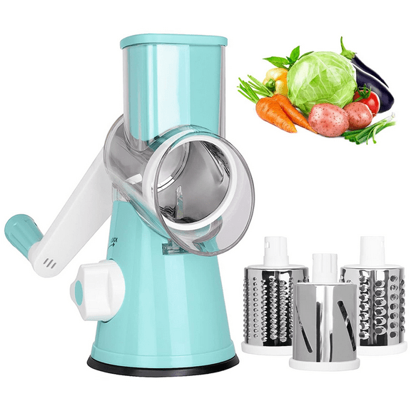 Premium Rotary Cheese Grater, Manual Cheese Grater for Kitchen, Handheld Vegetables Slicer Cheese Shredder with Rubber Suction Base, 3 Stainless Drum Blades Included,Blue