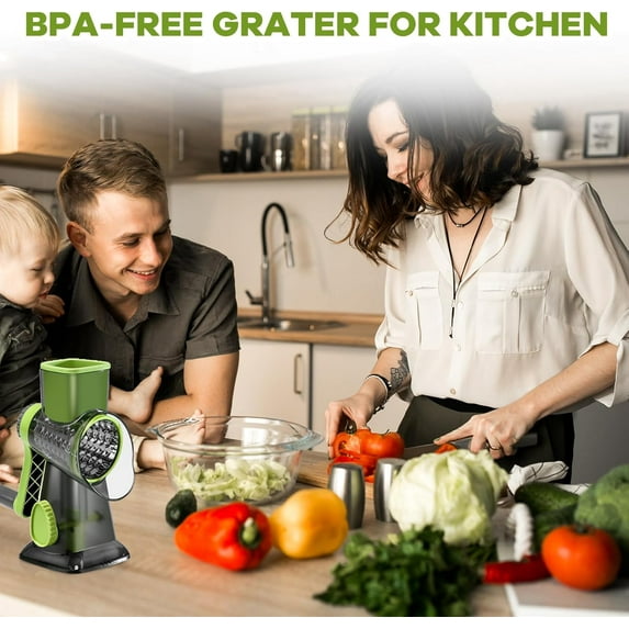 Rotary Cheese Grater with Handle, 3 Interchangeable Blades, Easy to Clean Vegetable Slicer for Cheese Potato Nuts Chocolate (Green)