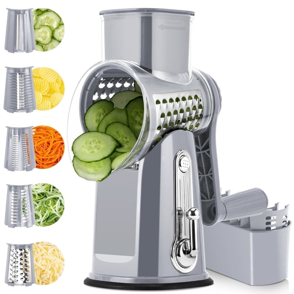Pukomc Rotary Cheese Grater with Handle- 5 Blades, Suction Base, Mandoline Slicer & Veg Shredder with Blade Storage Box(Gray)
