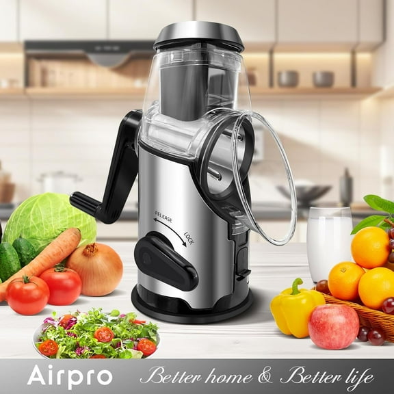 Rotary Cheese Grater with Handle - Vegetable Shredder with 3 Blades & Strong Suction Base