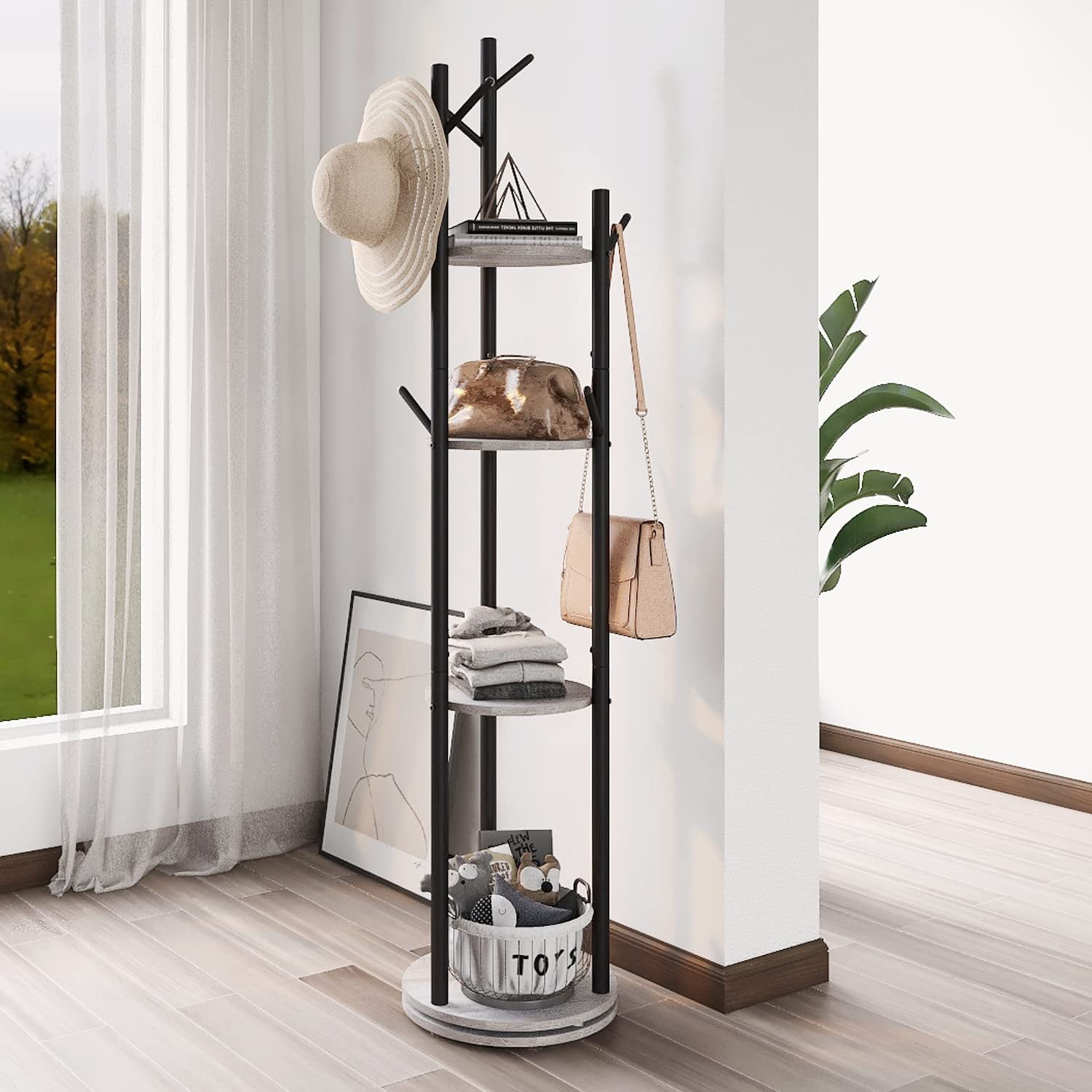 Rotary Coat Rack Freestanding Metal Coat Hall Tree Stand with 4 Tiers ...