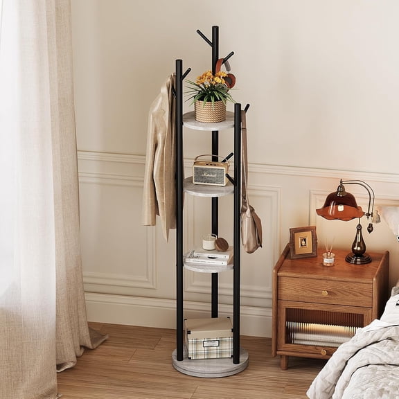 Rotary Coat Rack Freestanding Metal Coat Hall Tree Stand with 4 Tiers Storage Display Shelf and 9 Hooks for Entryway Bedroom Corner Office Garment Clothes Holder