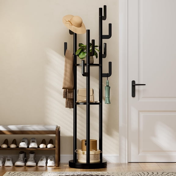Rotary Coat Rack Freestanding - Solid Wood Tree With 9 Hooks & 3 Storage Shelves For Purse Bag Jacket Hat Corner Hanger Stand Racks Hall Entryway Office Clothes Holder Black