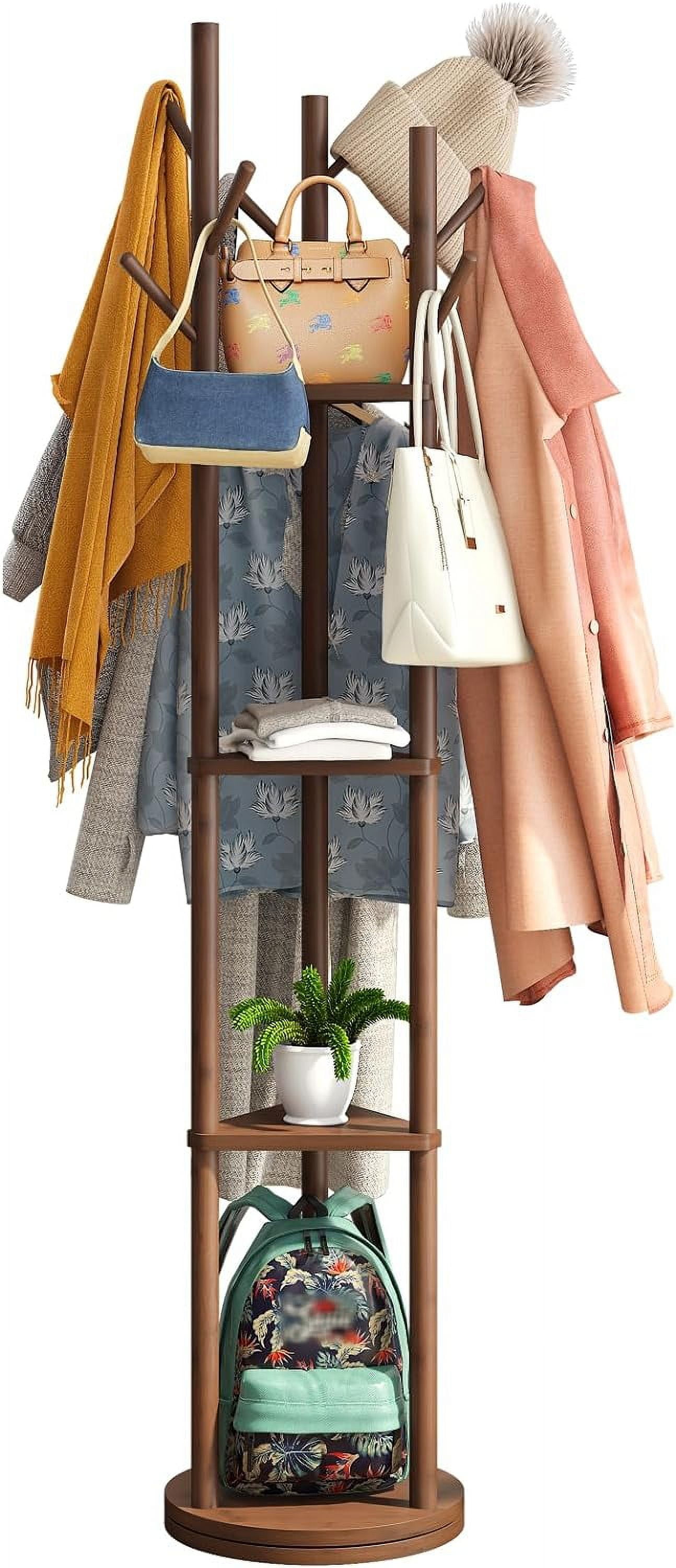 Rotary Coat Rack Stand with 8 Hooks, Bamboo Wood Coat Tree for Clothes ...