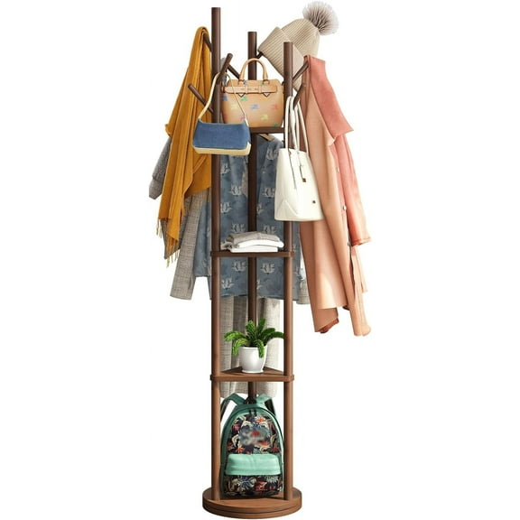 Rotary Coat Rack Stand with 8 Hooks, Bamboo Wood Coat Tree for Clothes/Bags/Hats, Large Coat Rack Freestanding for Entryway (Brown_triangle)