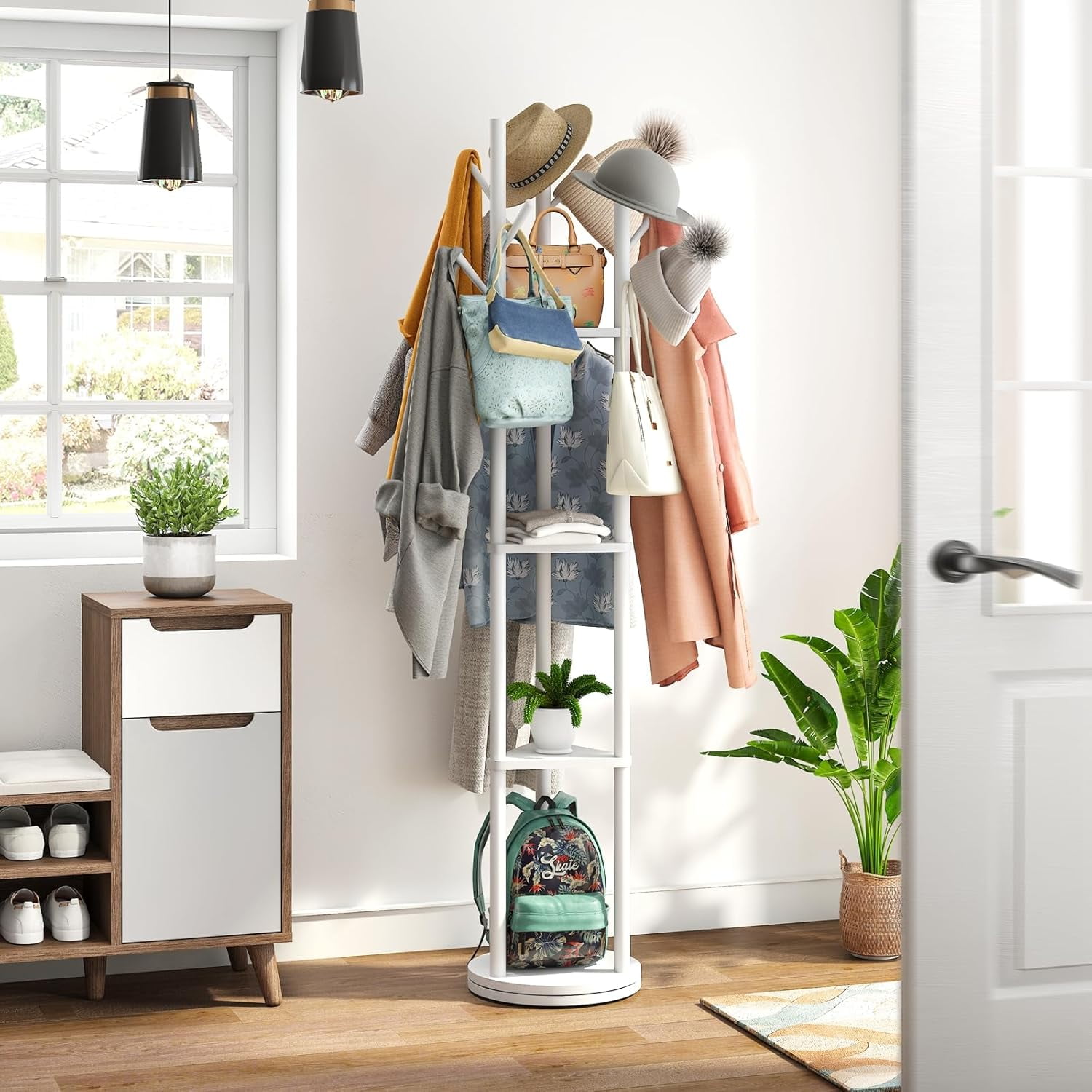 Rotary Coat Rack Stand with 8 Hooks, Bamboo Wood Coat Tree for Clothes ...