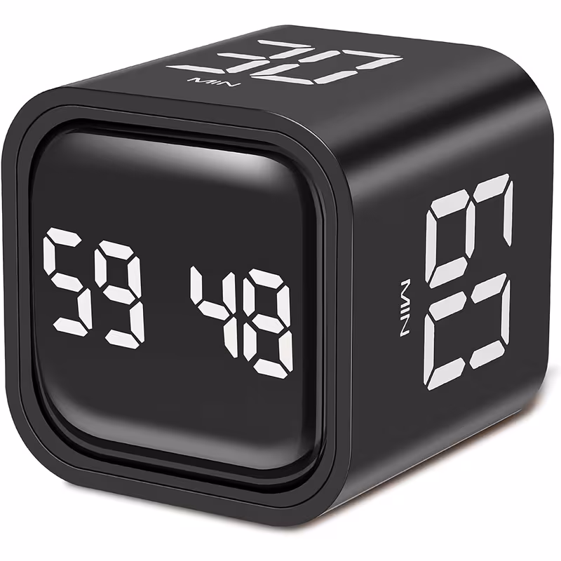 Rotary Cube Timer with Minute/Hour Counters (5/10/30/60 Min & Countdown), Pause/Resume, Mute, Vibration & Adjustable Sound Alarms for Study, Kitchen & Task Management