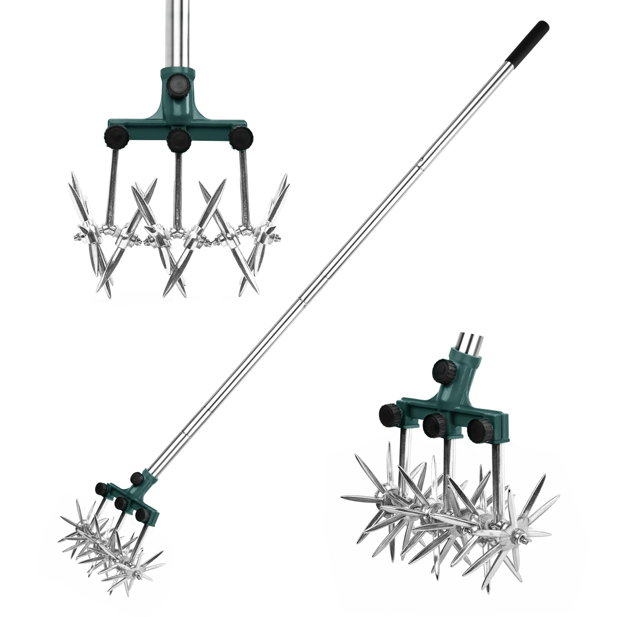 Rotary Cultivator Garden Tiller Adjustable Stainless Steel Poles Hand For Soil Mixing Or Reseeding Grass Lawn Total Length 57 Inch
