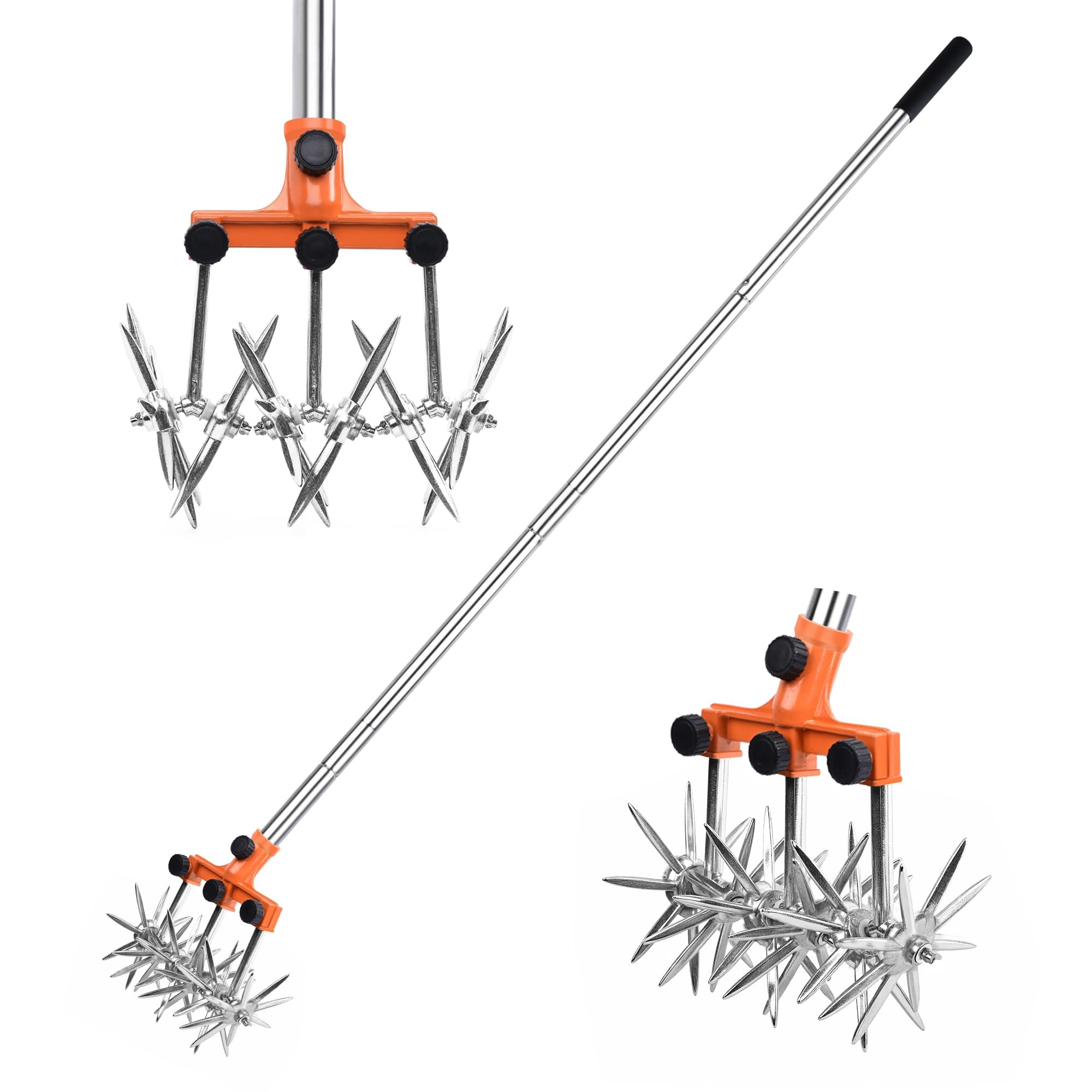 Rotary Cultivator Garden Tiller Adjustable Stainless Steel Poles Hand For Soil Mixing Or Reseeding Grass Lawn Total Length 57 Inch