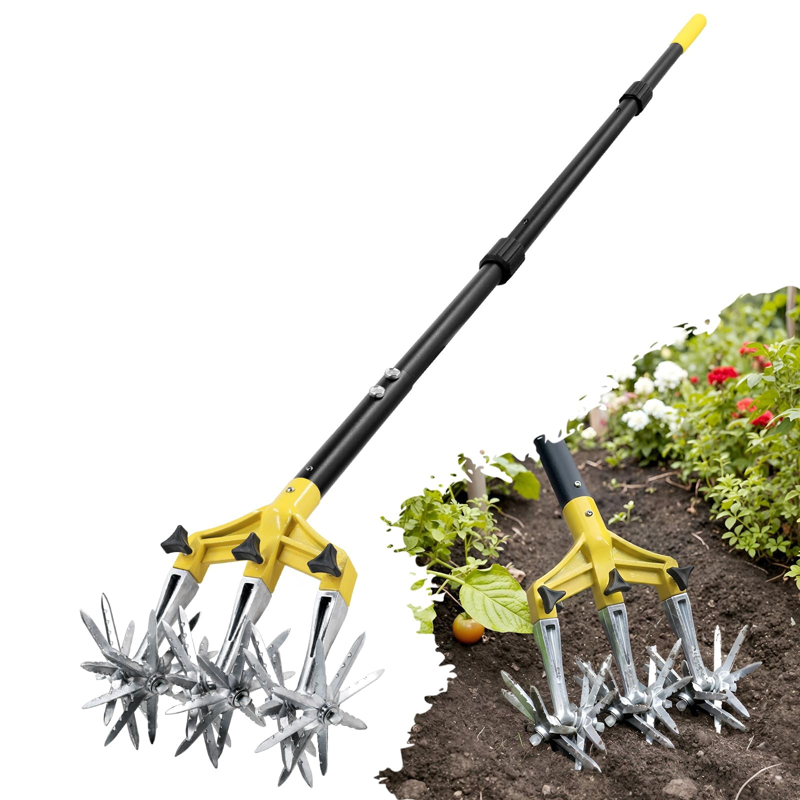 Rotary Cultivator Garden Tool 61''  Hand Tiller With Detachable Aluminum Tines Cultivators For Gardening Soil Or Reseeding Grass Manual & Tillers Flowers Beds