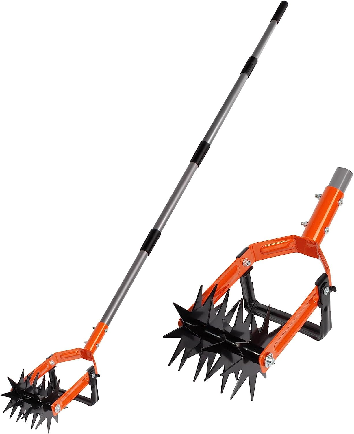 Rotary Cultivator Garden Tool, Adjustable Long Handle Hand Tiller with Star-Shaped Rolling Tines, 2-in-1 Weeder & Soil Aerator for Lawn Care, Reseeding Grass, Mixing, Manual Yard