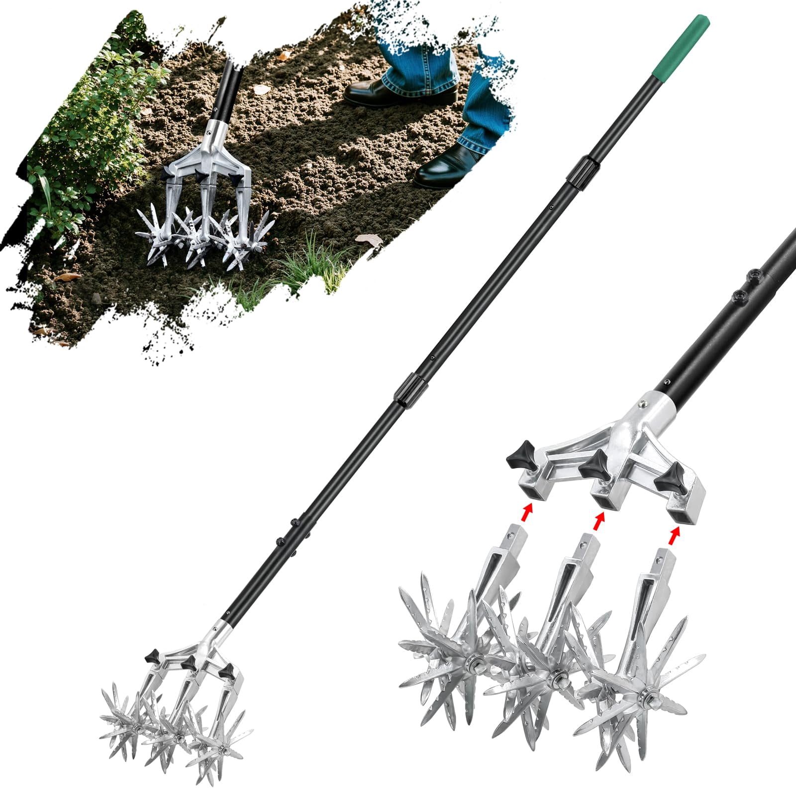Rotary Cultivator Garden Tool For Gardening And Lawn(61'')  Hand Tiller With Detachable Thicker Tines&sturdy Steel Handle Manual Soil Or Reseeding Grass