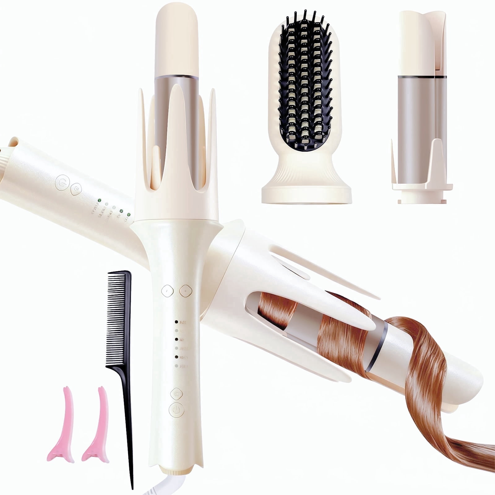 HUAKEYOU Auto Rotating 2-in-1 Hair Curling Iron 28mm Off White, 3 Temp Settings, 60-Min Auto Shut Off, Anti-Scald Ionic Styler