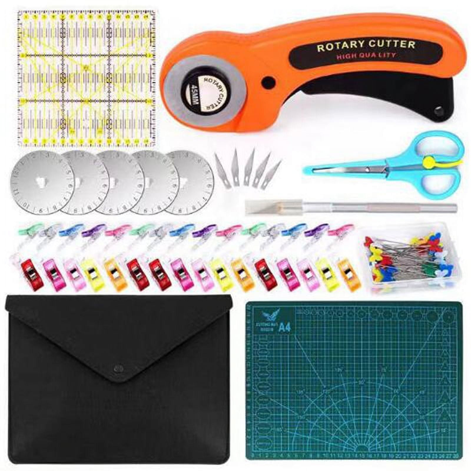 Wa Portman Rotary Cutter Set & Cutting Mat for Sewing - 45mm Rotary Cutter for Fabric & 5 Blades - 24x36 in Fabric Cutting Mat - 6x24 in Acrylic