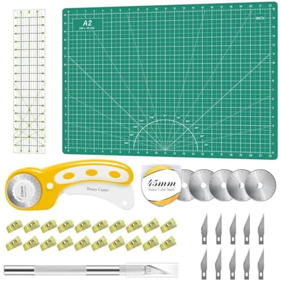 Rotary Cutter Set Green-Quilting Kit incl.45mm Fabric Cutter, 5 Replacement Blades, A2 Cutting Mat, Acrylic Quilting Ruler, Sewing Clips, Craft Knife Set, Ideal for Crafting, Sewing, Patchworking