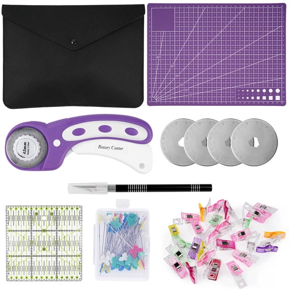 Rotary Cutter Set, Quilting Kit incl. 45mm Fabric Cutter with 5 Extra Blades, A4 Cutting Mat, Craft Knife Set, Ideal for Crafting, Sewing, Patchworking(Purple)