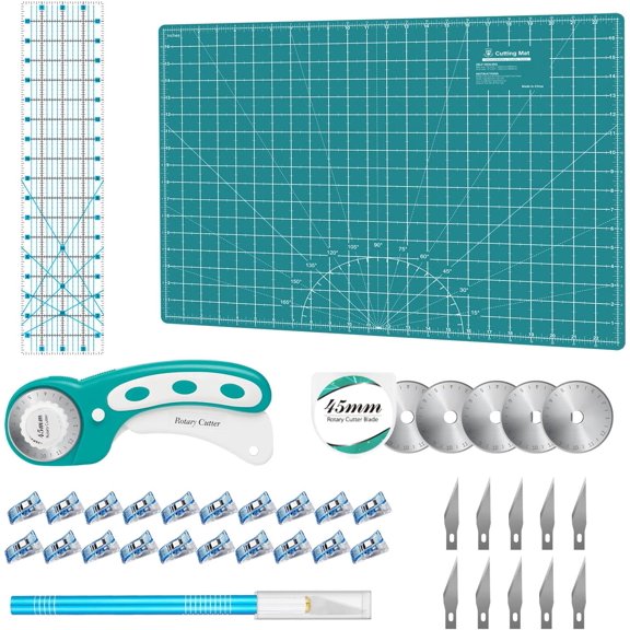 Rotary Cutter Set - Quilting Kit incl. 45mm Fabric Cutter, 5 Replacement Blades, A2 Cutting Mat, Acrylic Quilting Ruler and Sewing Clips, Craft Knife Set, Ideal for Crafting, Sewing, Patchworking